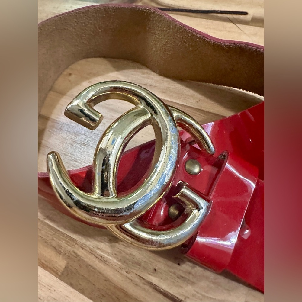 Vintage 1970s GUCCI RED PATENT Leather GG Buckle Wide Belt AS-IS 27-33” waist